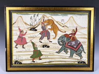 INDIAN MINIATURE PAINTING OF TIGER HUNT