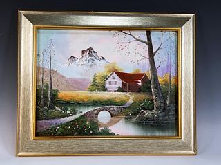 TOM HILL PAINTING OF FARMHOUSE AND MOUNTAINS