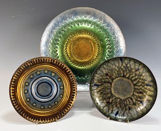 3 PAINTED & ENAMELED METAL CHARGERS AND BOWL