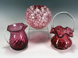 CRANBERRY GLASS PITCHER AND DECORATIVE ITEMS