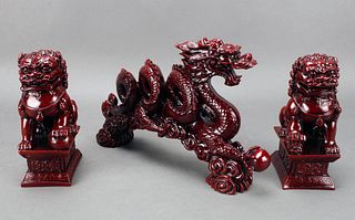 TWO FOO BEASTS AND DRAGON STATUES