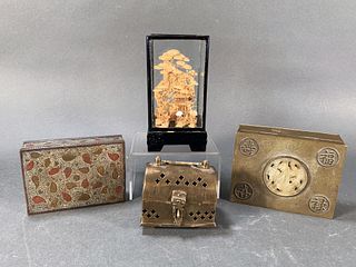 3 ASIAN METAL AND JADE TRINKET BOXES & CORK LANDSCAPE
