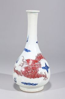 Chinese Blue, White, & Red Porcelain Dragon Vase