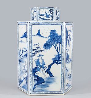 Large Chinese Blue & White Porcelain Tea Caddy