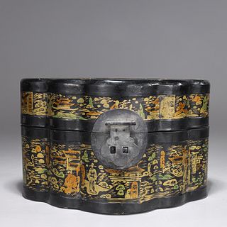Chinese Black and Gilded Lacquer Hinged Lock Box