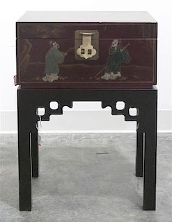 A Modern Chinese Painted Chest on Stand, Height overall 23 inches.