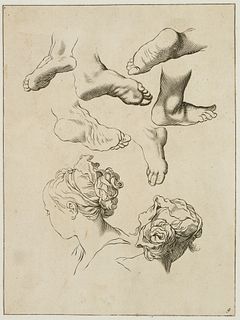 J. LAMORLET (*1626) after BLOEMAERT (*1566), Drawing template. Foot and head studies, Copper engravi