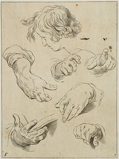 J. LAMORLET (*1626) after BLOEMAERT (*1566), Drawing template. Hand & Head Studies, Copper engraving