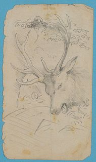 T. WEBER (1813-1875), Deer in deciduous forest, Pencil