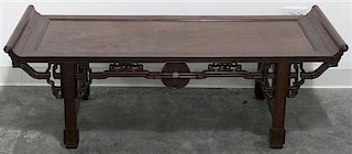 A Modern Chinese Carved Hardwood Altar Table, Height 16 1/2 x width 50 1/2 x depth 40 inches.