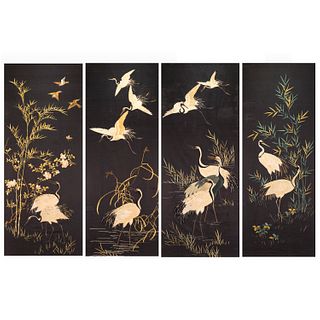 LOT OF 4, CHINESE EMBROIDERED CRANE PANELS 