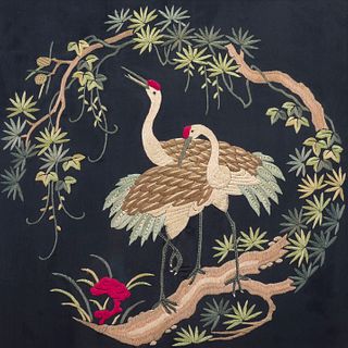 A CHINESE EMBROIDERED 'CRANE AND PINE' PANEL 