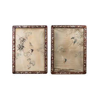 A PAIR OF EMBROIDERED FLOWER AND BIRD FRAMES 