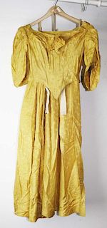 Mid-19Th C. Victorian Yellow Floral Damask Silk Dress