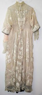Ca. 1900 Victorian White Sheer Cotton Dress Inset With Lace