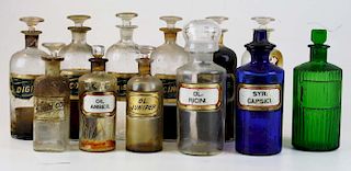 12 Apothecary Bottles & Jars W/ Labels Under Glass