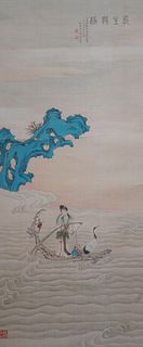 ZHU DINGXIN (1868-1937), FIGURE STORY, INK AND COLOR ON SILK, HANGING SCROLL