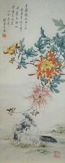 SUN JU SHENG (1913-2018), CHRYSANTHEMUM, INK AND COLOR ON PAPER, HANGING SCROLL