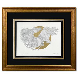 Guillaume Azoulay, "Rising Sun Sketch DDD" Framed Original Drawing with Gold Leaf, Hand Signed with Letter of Authenticity.