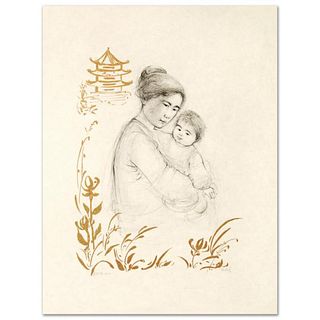 Lei Jeigiong and her Baby in the Garden of Yun-Tai Limited Edition Lithograph by Edna Hibel (1917-2014), Numbered and Hand Signed with Certificate of 