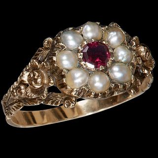 VICTORIAN GARNET AND SEED PEARL CLUSTER RING