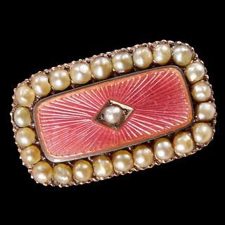 ANTIQUE ENAMEL AND PEARL RECTANGULAR BROOCH