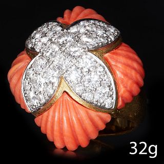 VINTAGE CORAL AND DIAMOND RING