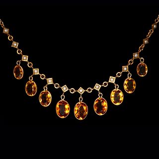 ANTIQUE CITRINE AND PEARL DROP NECKLACE