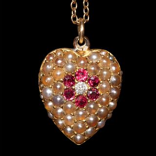 ANTIQUE RUBY DIAMOND AND PEARL HEART PENDANT