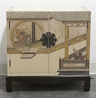 A Chinese Painted Chest on Stand, Height 23 x width 23 1/2 x depth 15 1/2 inches.