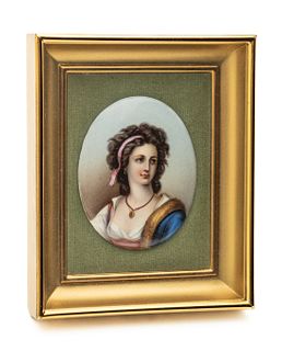 Painting On Porcelain, Lady With Pink Ribbon And Locket Ca. 1900, H 3" W 2.5"