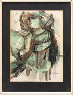Gene Szafran (American, Michigan, B. 1941) Watercolor And Gilt On Paper, 1959, Seated Woman, H 13.25" W 9.75"