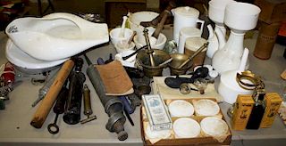Table Lot Of Apothecary Accessories- Mortars & Pestles, Etc