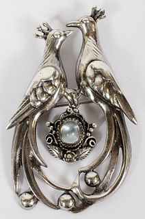 Sterling & Moonstone Figural Brooch, Exotic Birds, H 3.2" 30.6g