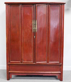 Antique Red Lacquered Chinese 2 Door Cabinet