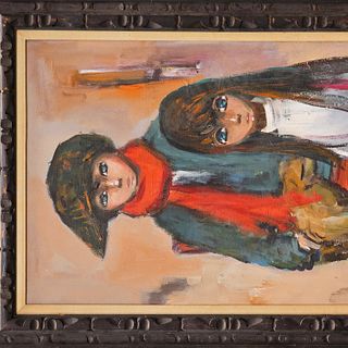 Pierre Durrieu (French) Oil on Canvas of Two Children