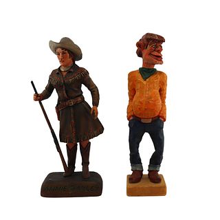 Pair of Wooden Figures: (1.) Dee Flagg (1922-1999) - Annie Oakley / (2.) Unknown Artist - Figure of Standing Man c. 1950s