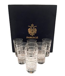 Six Faberge Clear Crystal Shot Glasses, Signed & Boxed
