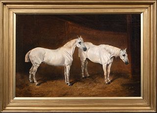 PORTRAIT OF TWO WHITE HORSES OIL PAINTING