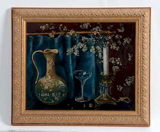 Still Life Painting of a Pitcher, Glass & Candlestick.