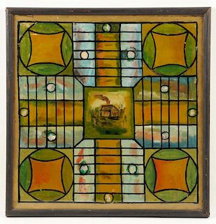 Framed Reverse on Glass Parcheesi Game Board.
