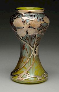 Silver Overlay on Loetz Glass Vase.