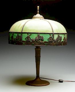 Arts & Crafts Bronze Lamp with Slag Glass Shade.
