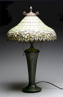 Hampshire Pottery Lamp with Leaded Glass Shade.