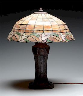 Arts & Crafts Mission Style Lamp w/ Leaded Glass Shade.