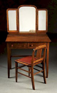 Arts & Crafts Vanity with Folding Mirrors & Chair.