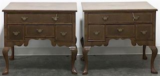 A Pair of Queen Anne Style Walnut and Inlay Lowboys, Height 28 x width 32 x depth 17 3/4 inches.