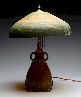 Lamp with Reverse on Glass Shade.