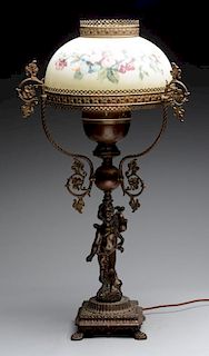 Cherub Lamp with Floral Glass Shade.