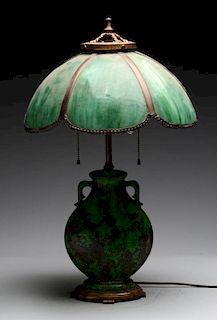 Weller Pottery Lamp with Green Glass Shade.